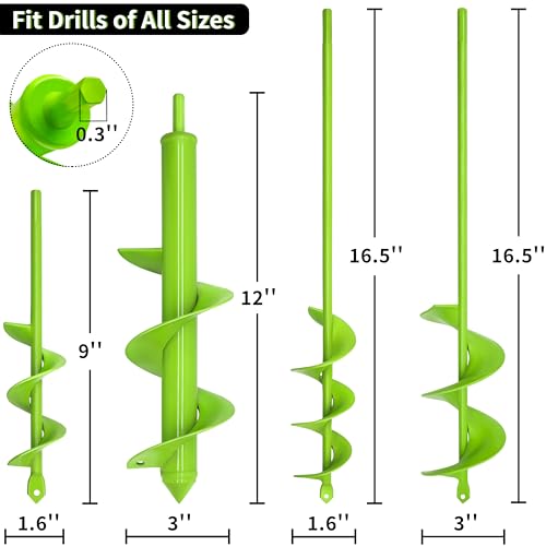 TCBWFY 4 Pack Garden Auger Spiral Drill Bits – Heavy Duty Steel,Corrosion Resistant – Perfect for Post Holes,Earth & Lawn Augering,Planting Bulbs & Trees - size: 1.6"x9", 1.6"x16.5", 3"x16.5", 3"x12"