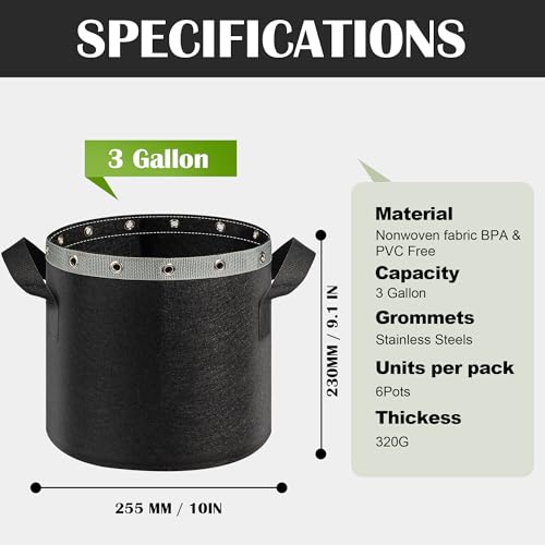 3 Gallon Grow Bags 6 Pack,Premium 3 Gallon Fabric pots for Healthy Plant Growth - Durable and Reusable Garden Bags to Grow Vegetables,Fruits,and Flowers - size: 3 Gal*6