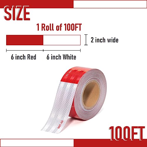 DOT-C2 Reflective Tape 2 Inch X 100 Feet Red White Reflector Adhesive Conspicuity Outdoor Waterproof Tape for Trailers, Trucks, Vehicles, Driveway, Boats, Signs (100 FT) - size: Red&White-100FT