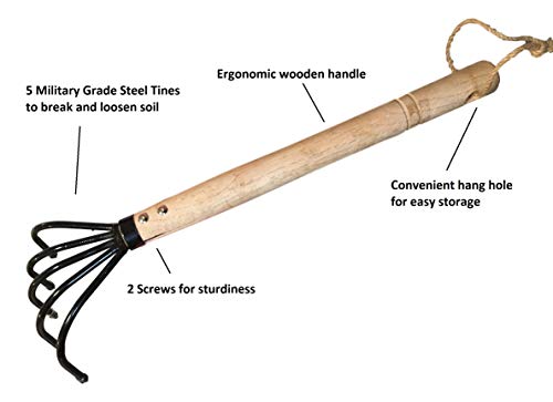 Garden Guru Hand Rake Cultivator Claw Soil Tiller - Military Grade Steel - Rust Resistant - 5 Tine Japanese Ninja Claw - Comfortable Wood Handle - Perfect Pulverized and Aerated Soil (2 Pack) - color: Long Handle, size: 2 Pack