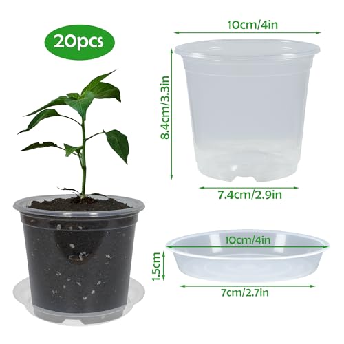 20 Pack 4 Inch Clear Nursery Pots with Drainage and 20 Pack Plant Saucers, Plant Pots for Plants Transparent Potting Containers for Plants Seeding Starter Pot (Clear, 4 Inch) - color: Clear, size: 4 Inch
