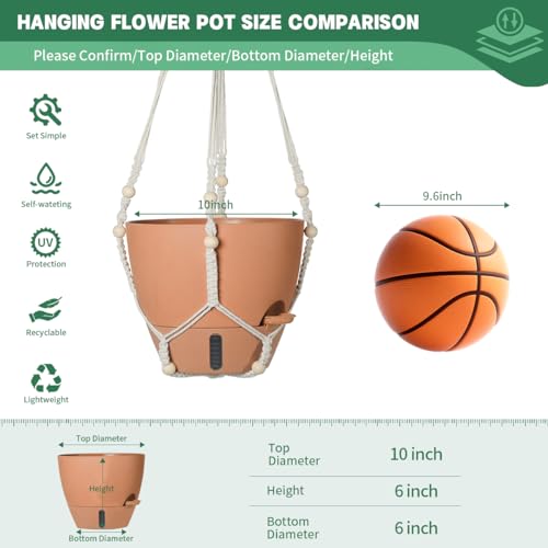 Self-Watering Hanging Planters for Indoor Plants Set 2-Piece Includes Plant Hanging Pot, Drainage-Hole Hanging Pot, and Hanging Basket Rack (Terracotta,10 Inches) - color: Terracotta