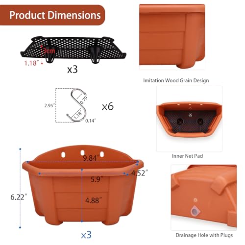 summer flower 3 Pack Hanging Planters for Railing, 9.84 Inch Plastic Window Box with Drain Hole Plug, Indoor Outdoor Flower Pots for Balcony Fence Garden Decor (Red) - color: Red