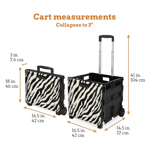 Inspired Living Ultra-Slim Rolling Collapsible Storage Pack-N-Roll Utility-carts, with Telescopic Handle, for Home, Garden, Shopping, Office, School use, Large, Zebra - color: Zebra Print