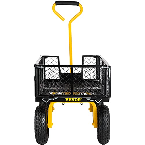 VEVOR Steel Garden Cart, Heavy Duty 500 lbs Capacity, with Removable Mesh Sides to Convert into Flatbed, Utility Metal Wagon with 180° Rotating Handle and 10 in Tires, Perfect for Garden, Farm, Yard - color: Blackyellow