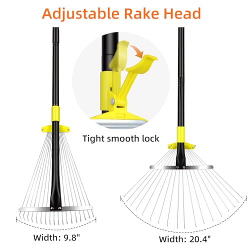 Byhargen Adjustable Metal Leaf Rake, Heavy Duty Garden Rake with Wide & Narrow Modes, Rustproof Steel Head, Adjustable Handle for Lawn Care, Yard Clean Up, and Mulch Spreading