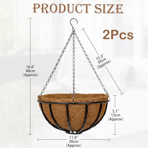 12 Inch Metal Hanging Basket with Coco Coir Liner for Flowers Planting - size: Twisted Bar 12" & 2 Pcs