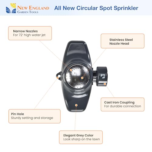 Metal Spot Sprinkler 400003 – Wide & Even Coverage up to 30 ft, Circle Pattern Gentle Water Flow, Easy-to-Use, Decorative Durable Build for Lawn, Yard & Garden, by New England Garden Tools