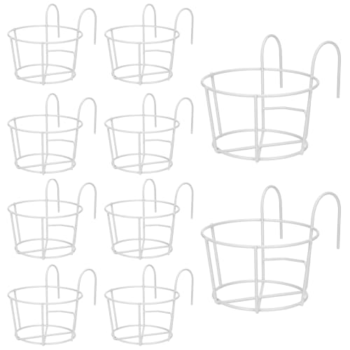 10 Pcs Round Hanging Railing Planters, 6.3" Reinforced Metal Hanging Baskets, Fence Plant Hangers, Heavy-Duty Flower Pot Holders for Balcony, Patio, Porch Railing, White - color: White