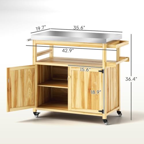 Outdoor Storage Cabinet and Grill Cart with Stainless Steel Top, Rolling Patio Kitchen Island for BBQ Tools and Pizza Oven, Solid Fir Wood Storage Box with Wheels, 43 x 20 x 36 Inches - color: Natural Wood - 42.90 X 19.70 X 36.40 Inch