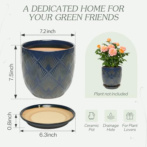 7.2 Inch Modern Ceramic Glaze Plant Pot with Drainage Hole,Mesh Net,Saucer,Indoor Outdoor Planter(Fan-Blue) - color: Fan-blue