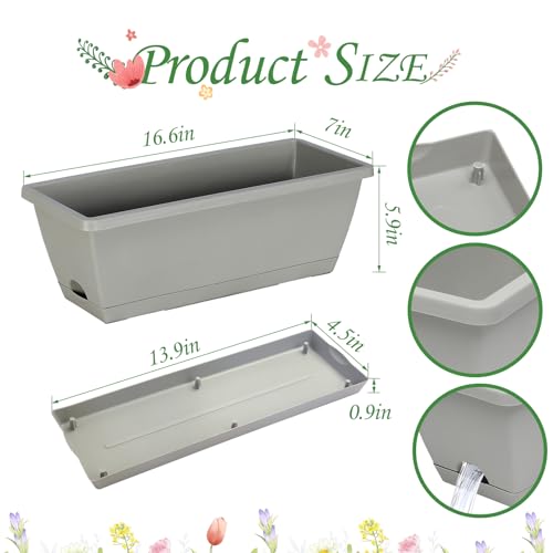 12Pcs 17Inches Rectangle Planter Box with Drainage Holes and Trays - color: Gray