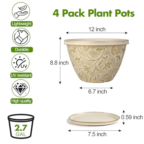 4 Pack 12 Inch Pots for Plants, Plastic Flower Pots Outdoor Indoor, Beige - color: Beige, size: 12 Inch