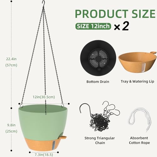 ZMTECH 12 Inch Hanging Planters for Indoor Outdoor Plants, 2 Pack Self Watering Hanging Plant Pots with Drainage Hole, Visual Reservoir, Plastic Flower Hanging Pots with Watering Lip (Green) - color: Green, size: 12 Inch - 2 pack