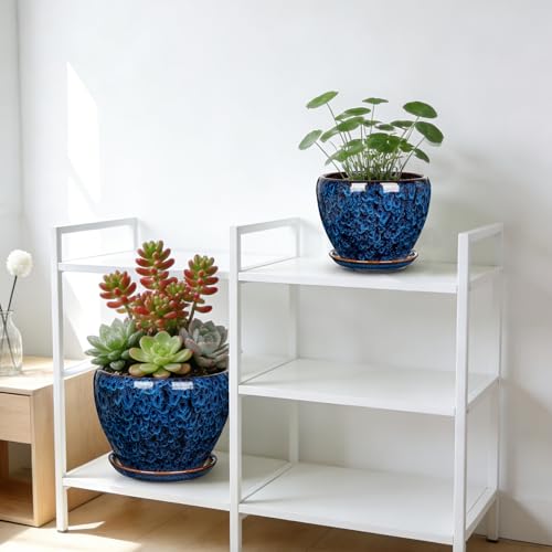 Hollyone 9inch Ceramic Planter Blue Ceramic Plant Pot for Plants Flowers with Drainage Hole and Saucers Ceramic Glaze Round Flower Plant Pot for Indoor Outdoor Large Round Succulent Orchid Flower Pot - size: 9 Inch (Single)