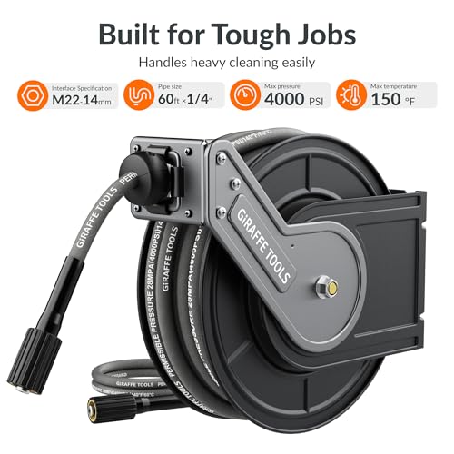 Giraffe Tools Pressure Washer Hose Reel with Replaceable 60FT Pressure Hose