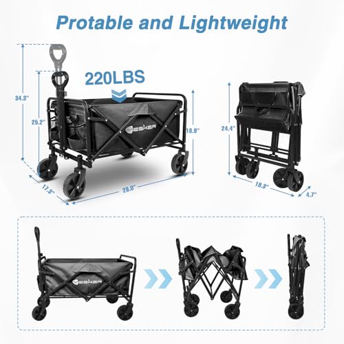 Yesker Foldable Wagon - 220lbs Collapsible Garden Carts with All Terrain Wheels for Outdoor Camping Sports Shopping Gardening - Heavy Duty Portable Utility Trolley (Black) - color: Black, size: 27*18*17"