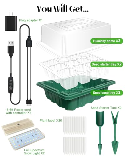 Seed Starter Tray with Grow Light (2x 24-LED), 2 Pack for Seed Starting - size: 2-Pack 24-Cell, style: Without Heat Mat