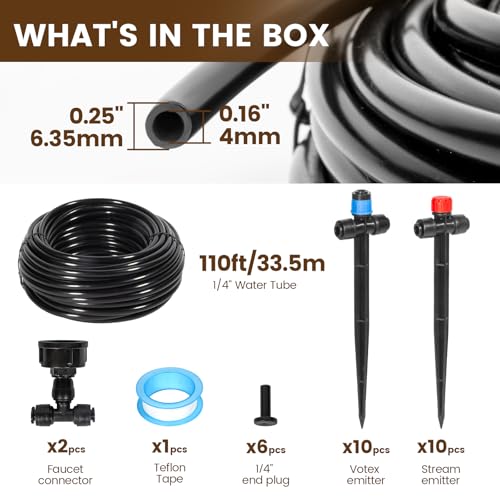 110FT Quick-Connect Drip Irrigation Kit, Garden Watering System DIY Automatic Irrigation Equipment Set for Lawn Raised Bed Greenhouse Plant Watering with 1/4'' Tubing, Drip Emitters, Connectors - size: 110FT Quick-Connect