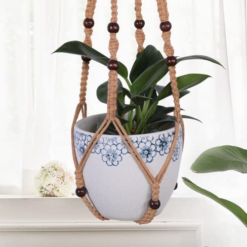 Macrame Plant Hangers with Beads for Indoor and Outdoor, 3 Pack - color: Brown