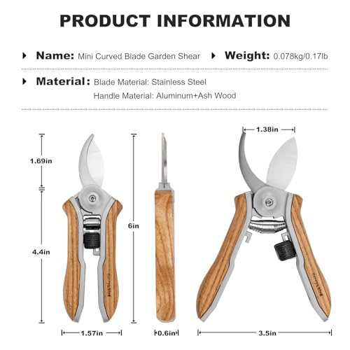Berry&Bird Mini Pruning Shears for Gardening Curved Blades Hand Pruners with Wooden Handle Garden Scissors Snips Stainless Steel Trimming Small Clippers Bonsai Compact Size Sheaering Tool - style: 6.1'' Mini Curved Blade Scissors