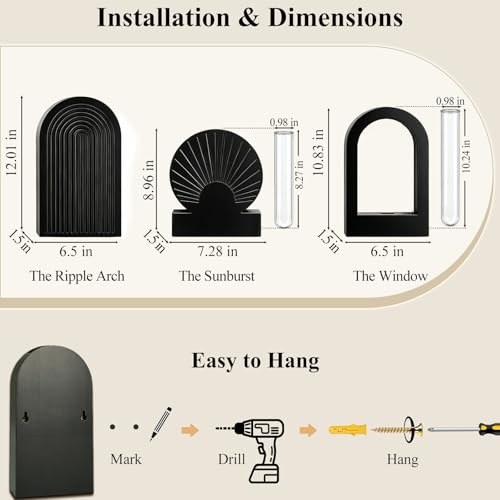 TBWIND Black Wooden Wall Vases Set of 3, Wall Planters with Glass Tube Kit - color: Black