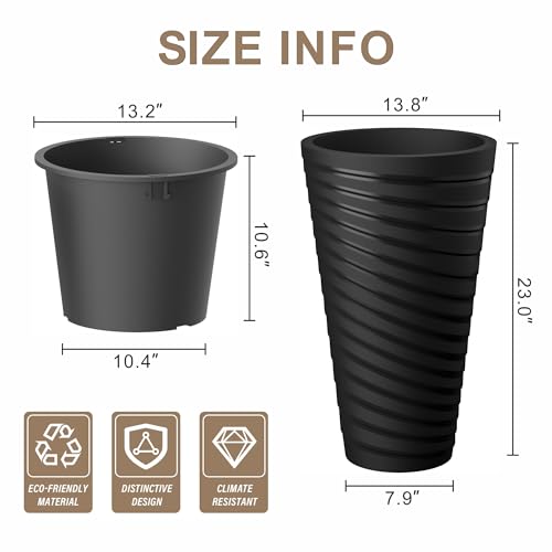 Kante Set of 2 Black Plastic Round Planters 23" Tall Home & Outdoor - color: Black-spiral, size: 23" H