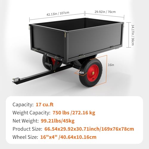 ATV Trailer Tow Behind Steel Dump Cart, 750 lbs 17 Cubic Feet Heavy Duty Yard Garden Utility Trailer Pull Behind with Removable Sides & All Terrain Tires for Lawn Mower, Tractor, Yard