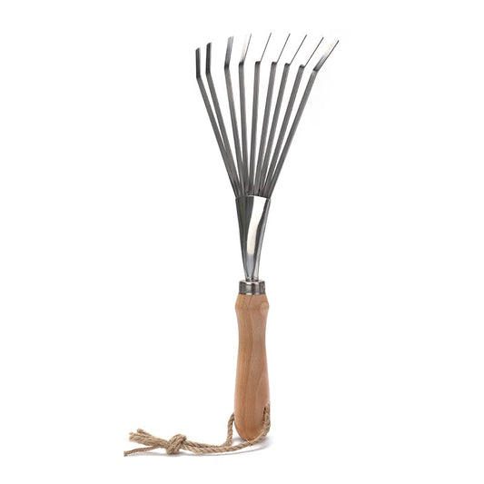 9-Tines Fan Lawn Leaf Hand Rakes Stainless Steel Beech Handle Soil Tille