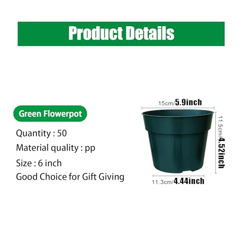 RooTrimmer 50 Pack 6 Inch Nursery Pots, Planting Grow Plastic Flower Pots, Thick Planters with Drainage Holes for Outdoor/Indoor Plants Succulent Herb (Green) - color: Green, size: 6 Inch 50 Pack