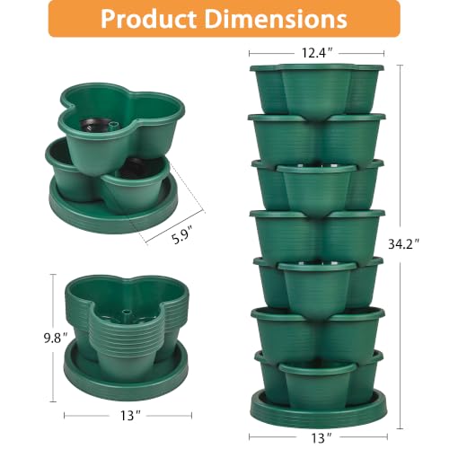VECELO 7 Tier Vertical Garden Planter, Self Watering Stackable Planters with Wheels for Strawberries, Herbs, Flowers, Vegetables, Dark Green - color: Dark Green, size: 7 Tier