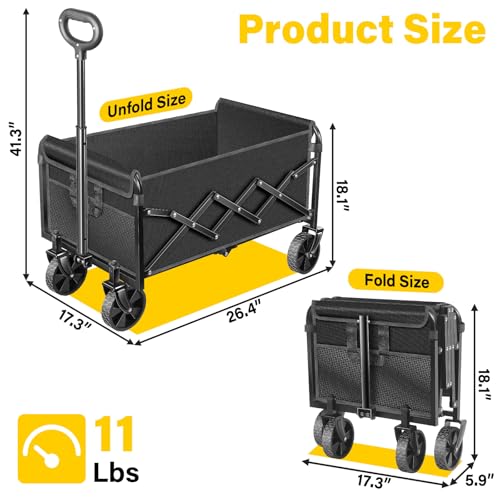 Collapsible Wagon Cart with Wheels, Compact 360 lb Folding Cart,Pitch Black - color: Pitch Black