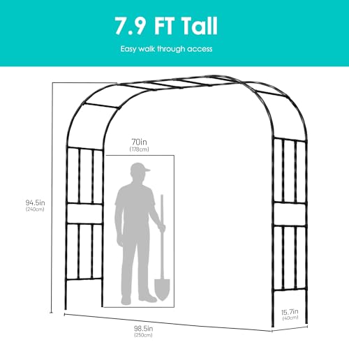Twira Garden Arch Trellis, 7.9FT(240cm) Metal Garden Arbor Trellis for Climbing Plants Outdoor, Large Wedding Arch for Ceremony, Black Garden Archway Trellises Decoration for Lawn, Patio, Backyard - color: 98.4 inch Length - Black, size: Full Arch