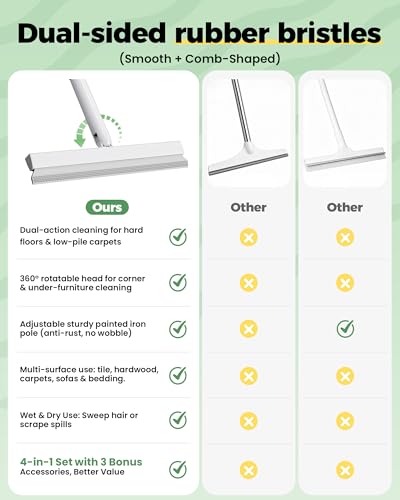 Carpet Rake for Pet Hair Removal Tool - 4 in 1 Pet Hair Remover Kit for Dog Cat Fur Remover, Contain 60" Adjustable Rubber Broom, Glove, Magic Brush and Scraper for Furniture,Short Pile Carpets, Mats - color: Pearl White