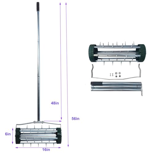 Heavy Duty Rolling Lawn Aerator, Rotary Push Tine Spike Soil Gardening Tool with 3-Piece Long Steel Handle for Garden Yard Grass Maintenance