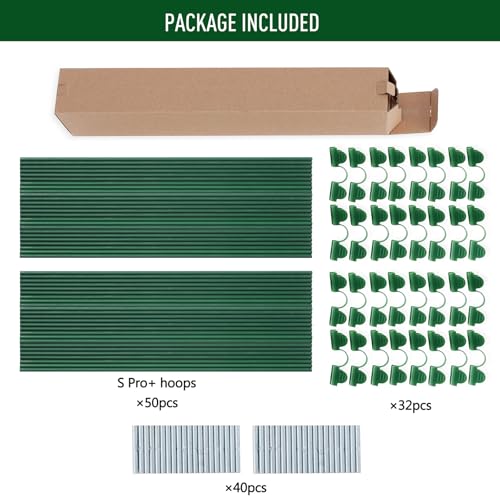 MAXPACE Greenhouse Hoops Kit, DIY 8ft Grow Tunnel, Fits Raised Garden Beds Up to 2.7ft Wide, 50 Pcs Rust-Proof Fiberglass Frame Support Rods for Row Cover, Shade Cloth, Frost Netting & Plant Stakes - size: S Pro+ (for Width: Less than 2.7')
