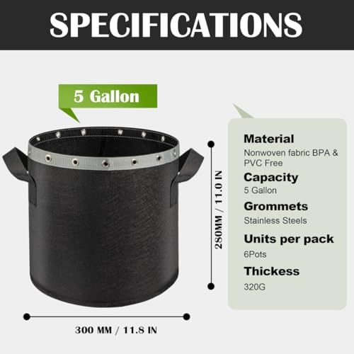 5 Gallon Grow Bags 6 Pack,Fabric Pots 5 Gallon for Healthy Plant Growth - Durable and Reusable Garden Bags to Grow Vegetables,Fruits,and Flowers - size: 5 Gal*6