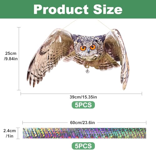 Fake Owl Hanging Outdoor Decoration, 5 Pack Flat Garden Owl with Reflective Tape and Bell to Scare Squirrel Pigeon Woodpecker from House Patio Yard Porch Window, Plastic Owl Scarer - color: 5pcs-brown