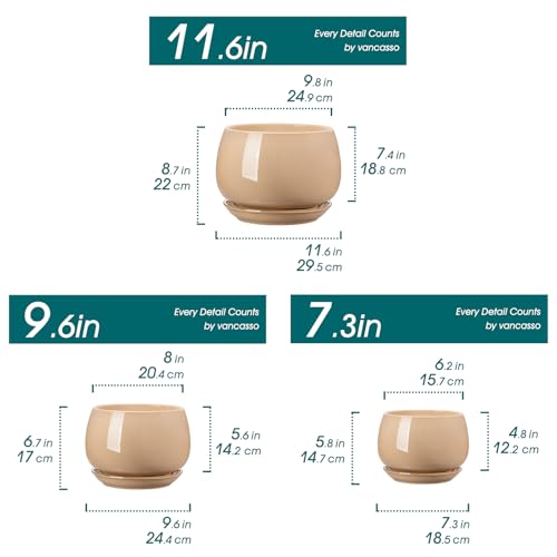 vancasso 3-Pack Ceramic Plant Pots, 7.3/9.6/11.6 Inch Indoor Planters with Saucers & Drainage Hole Planter pots for Indoor Plants and Flower, Brown - color: Brown, size: Large-3pcs/Set