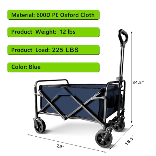 Garden Cart Folding Wagon with Small Wheel, Collapsible Outdoor Wagon Cart Heavy Duty with Universal Wheels & Adjustable Handle, Utility Grocery Wagon for Camping Shopping, Sports - Blue - color: Blue, size: 1 Pack