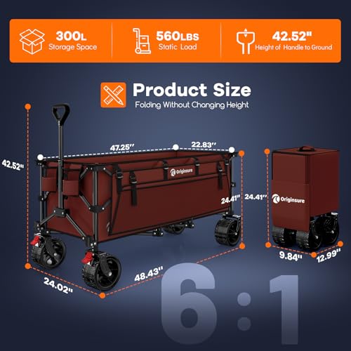 Originsure 300L Collapsible Beach Wagon Cart with Big Wheels, 560lbs, Red - color: Red