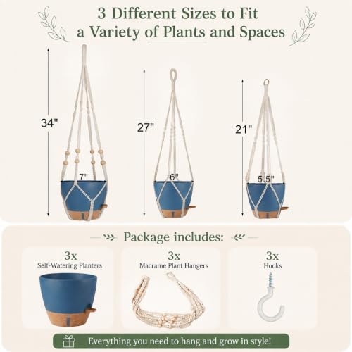 3 Set Self Watering Hanging Planter for Indoor Plants Macrame Plant Hangers - color: Dusty Blue, size: Medium