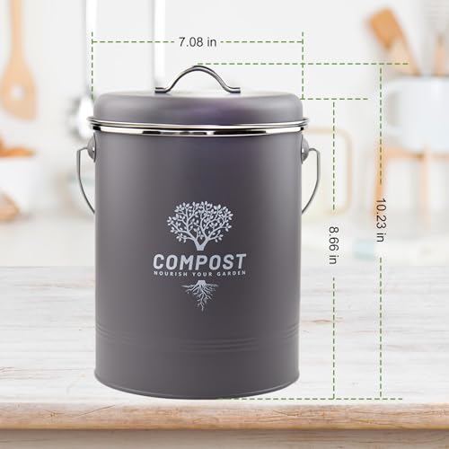 Kitchen Countertop Compost Bin, Odor Resistant Indoor Compost Bin with Lid and Charcoal Filter, Rust Resistant Coated Compost Bucket, Compost Container, Gray - color: Gray, size: Medium