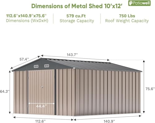 Patiowell 10x12 FT Storage Shed, Outdoor Metal Sheds, Brown - color: Brown, size: 10x12 FT