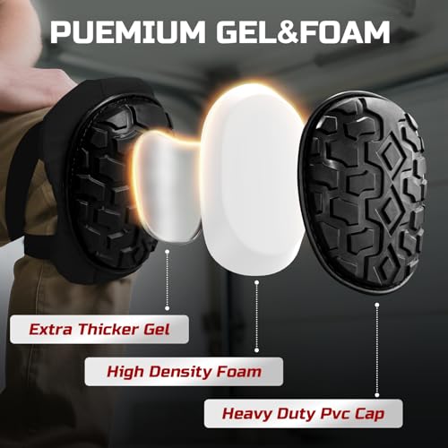 Professional Knee Pads for Work Construction with Heavy Duty Cap Foam Padding Gel Cushion Knee Pads for Men, Comfortable Adjustable Strong Strap, Military Grade Rivet for Flooring Gardening - color: Black