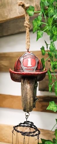 Ebros Gift Fire Fighter Axe Fireman Station Number 1 Hat with Coiled Water Hose Resonant Relaxing Wind Chime with Metal Tubes Patio Garden Accent 911 Emergency Civil Service Decorative