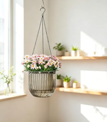 Josteve 5.2/8.2 Inch 2 Pcs Self Watering Hanging Planter Indoor Plant Pots Drainage Holes, Outdoor Small Hanging Planters Flower Pot Basket, Visible Water Level, Plant Hanger Home Decor, Gardening - color: Gray, size: 2*5.2/8.2 inch