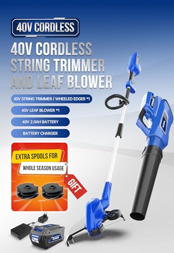 Wild Badger Power 40V Weed Wacker & Leaf Blower, Wheeled Edger Kit Electric with 2Ah Battery & Charger, String Trimmer, Lightweight, Adjustable Telescopic Shaft, Easy to Use and Convert - style: 40V Trimmer + Blower
