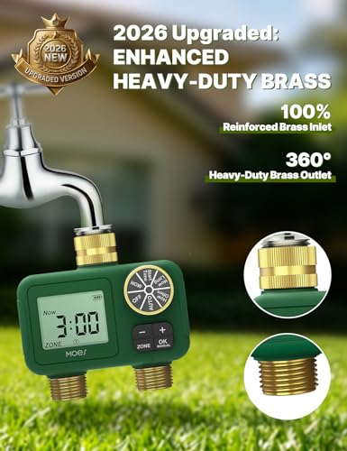 MOES 2 Zone Water Timer, Brass Fittings, Rain Delay, No Wi-Fi Required - style: 2 Zones (2 Outlets)