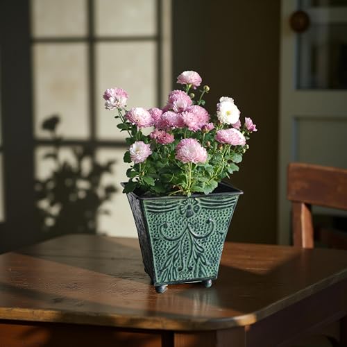 Hosley Set of 4 Green Patina Embossed Metal Planters with Ornate Floral Design, 5.25" L x 5.25" W x 5" H – Ideal for Floral Arrangements, Home Décor, Garden Accents, Rustic Weddings. - color: Green, size: 5" High